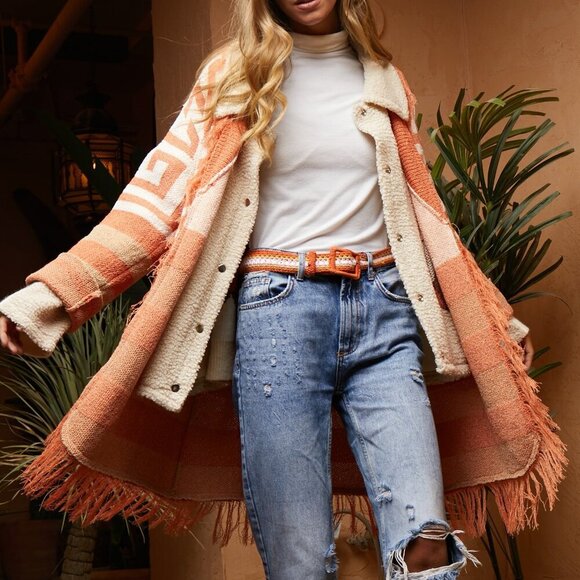 DAVI & DANI Boho Southwestern Fringe Cardigan | Rust Orange & beige Aztec Cardig - Picture 8 of 10